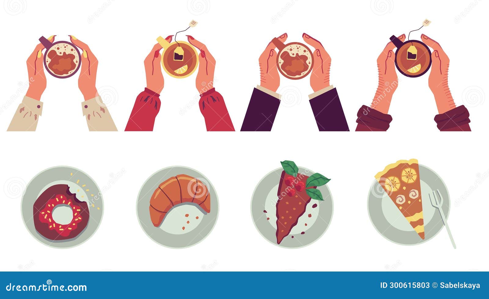 Coffee and Tea Break Time Poster Set Hands Holding Drink and Dessert