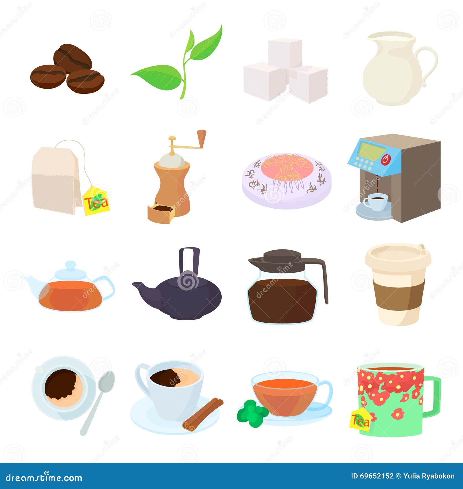Coffee and Tea Icons Set, Cartoon Style Stock Vector Illustration of