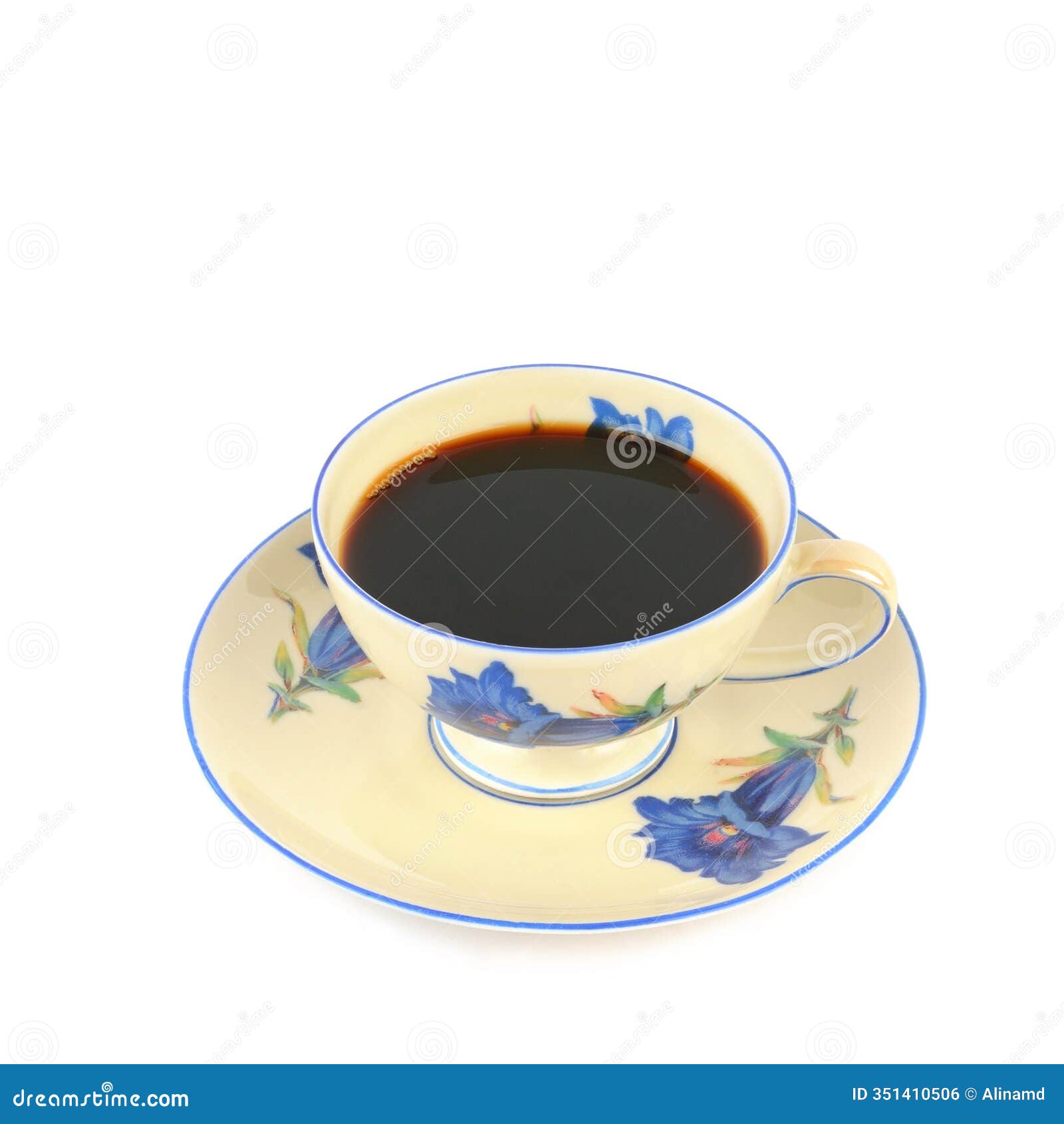 coffee in vintage porcelain cup  on white. free space for text
