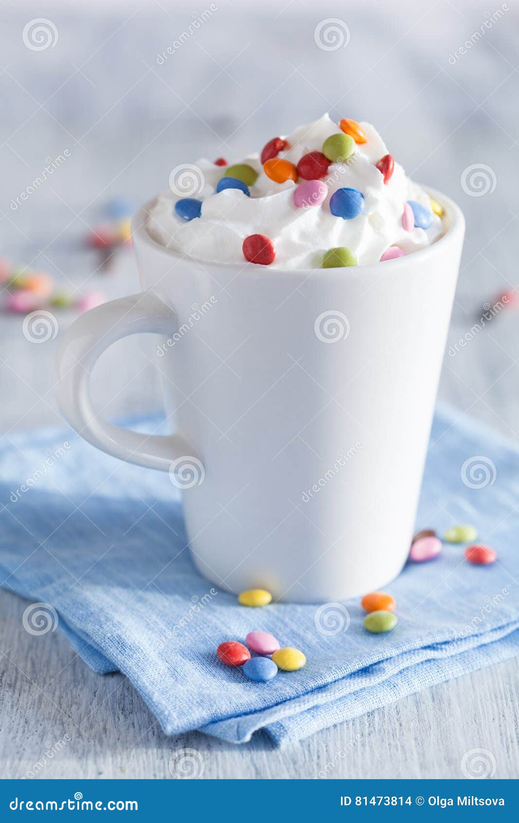 Coffee with Whipped Cream and Colorful Chocolate Drops Stock Photo