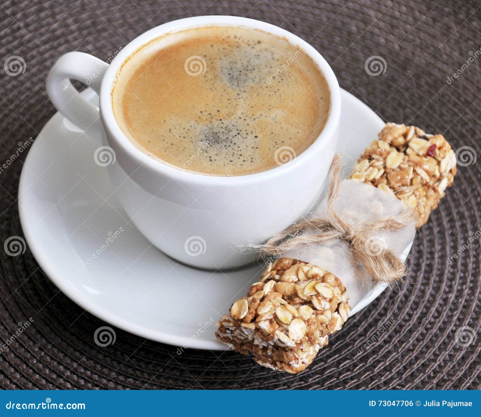 Coffee in White Cup and Granola Bar Stock Photo Image of delicious