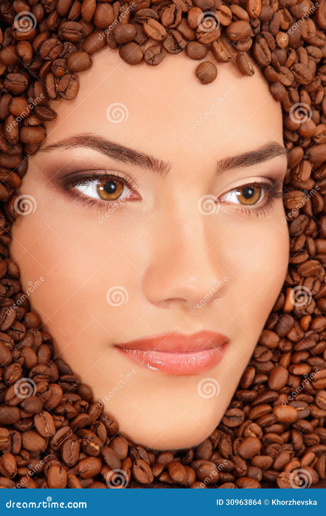 Beautiful Young Woman with Coffee Around Her Face. Stock Photo Image