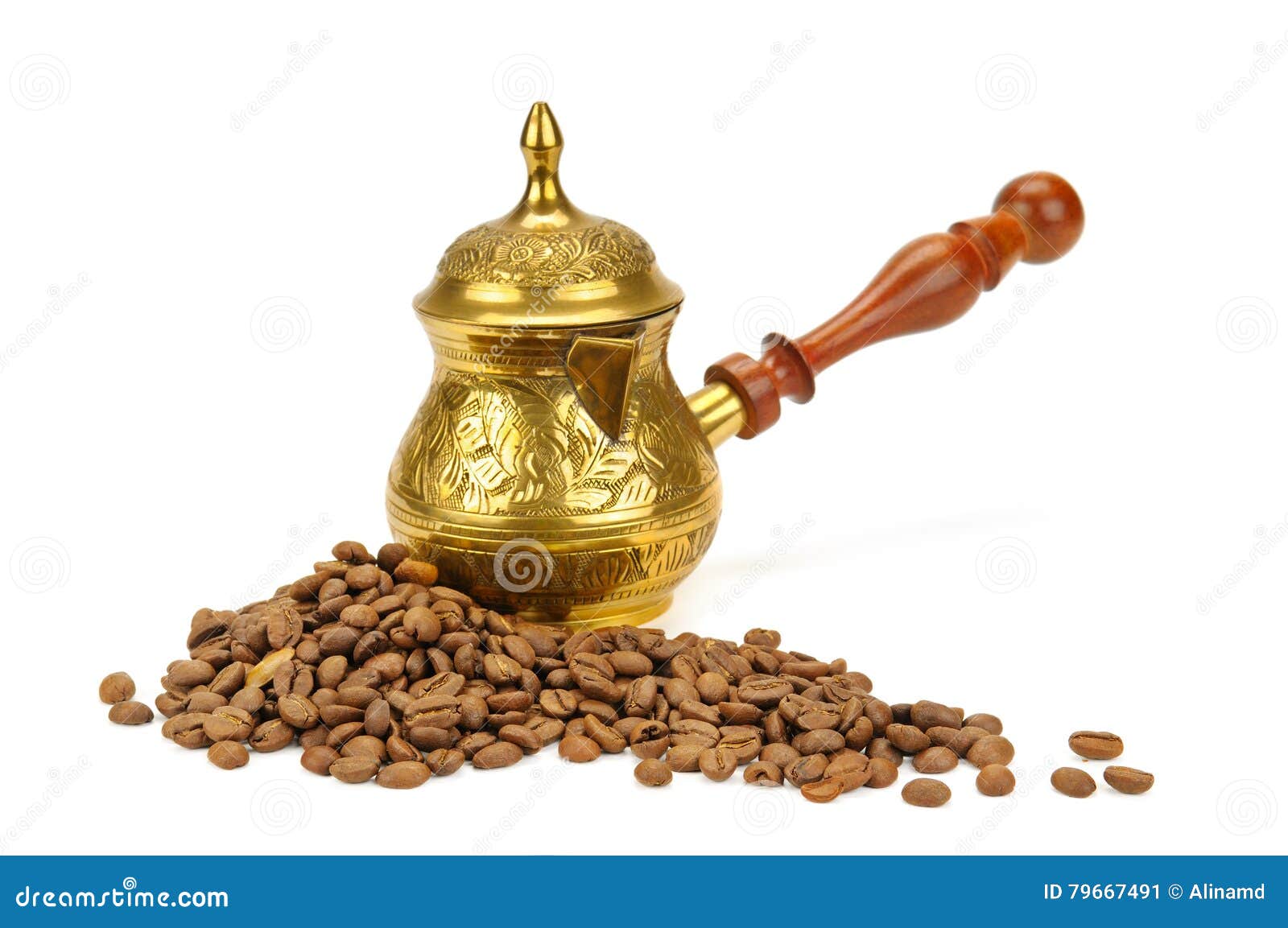 coffeepot and coffee beans on white background