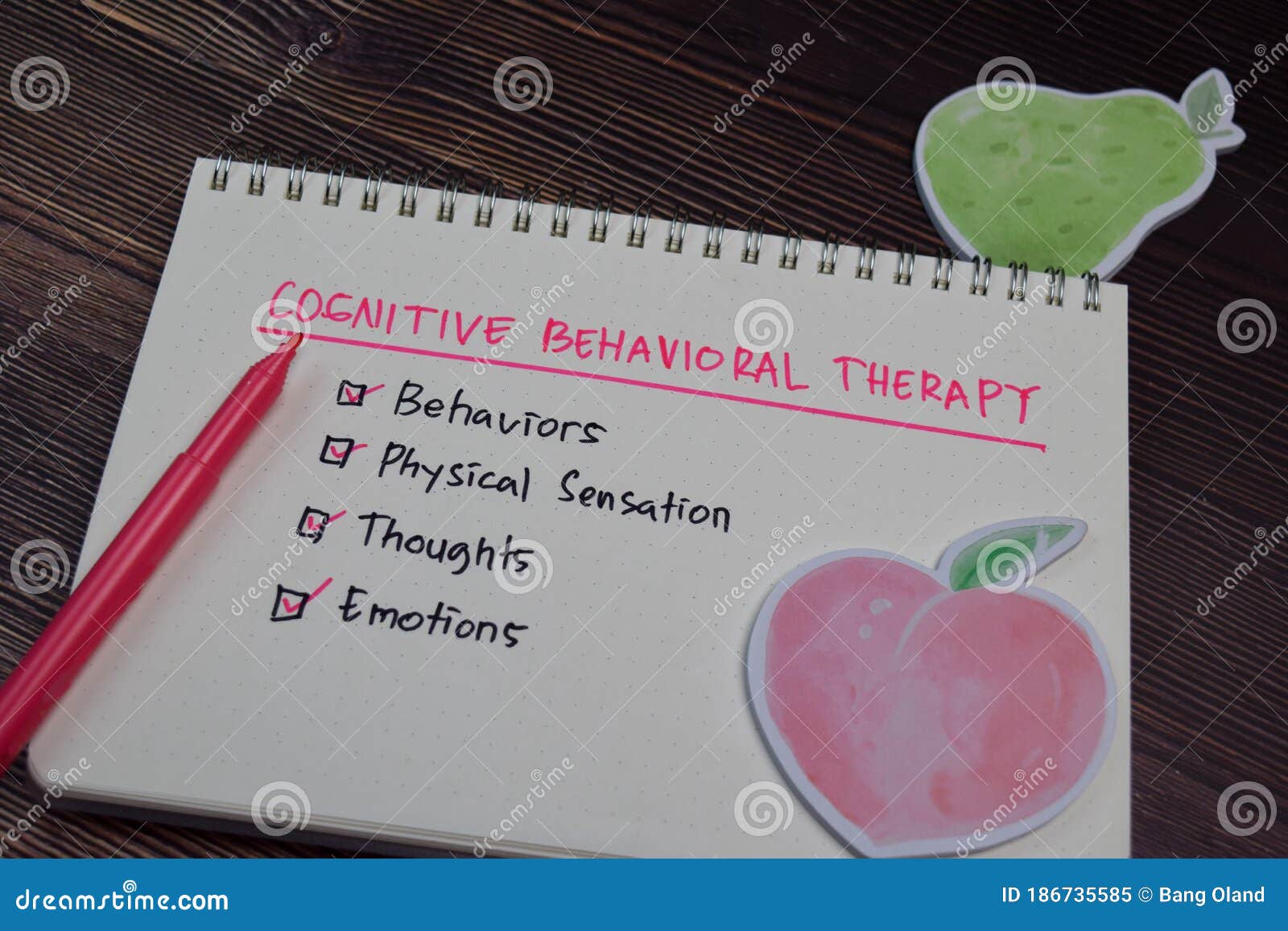 cognitive behavioral therapy write on a book with keywords  wooden table