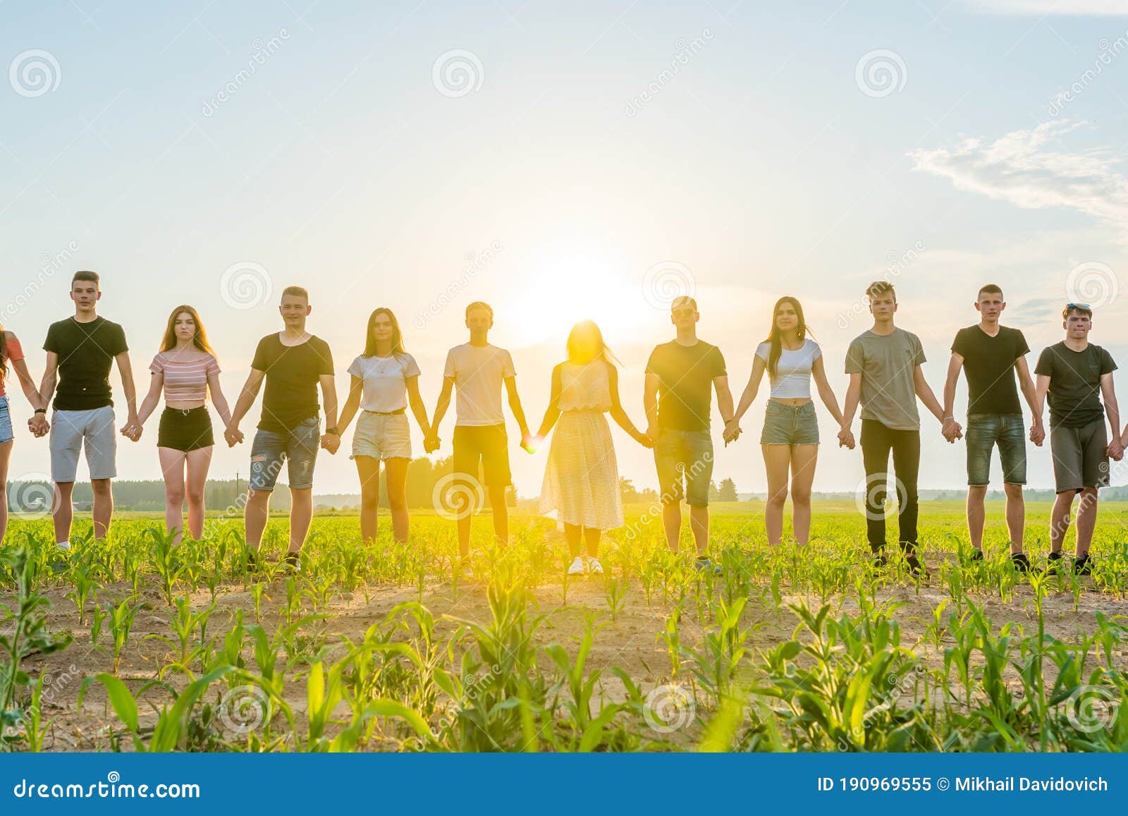 Cohesion Concept A Group Of Friends Are Holding Hands At Sunset Stock