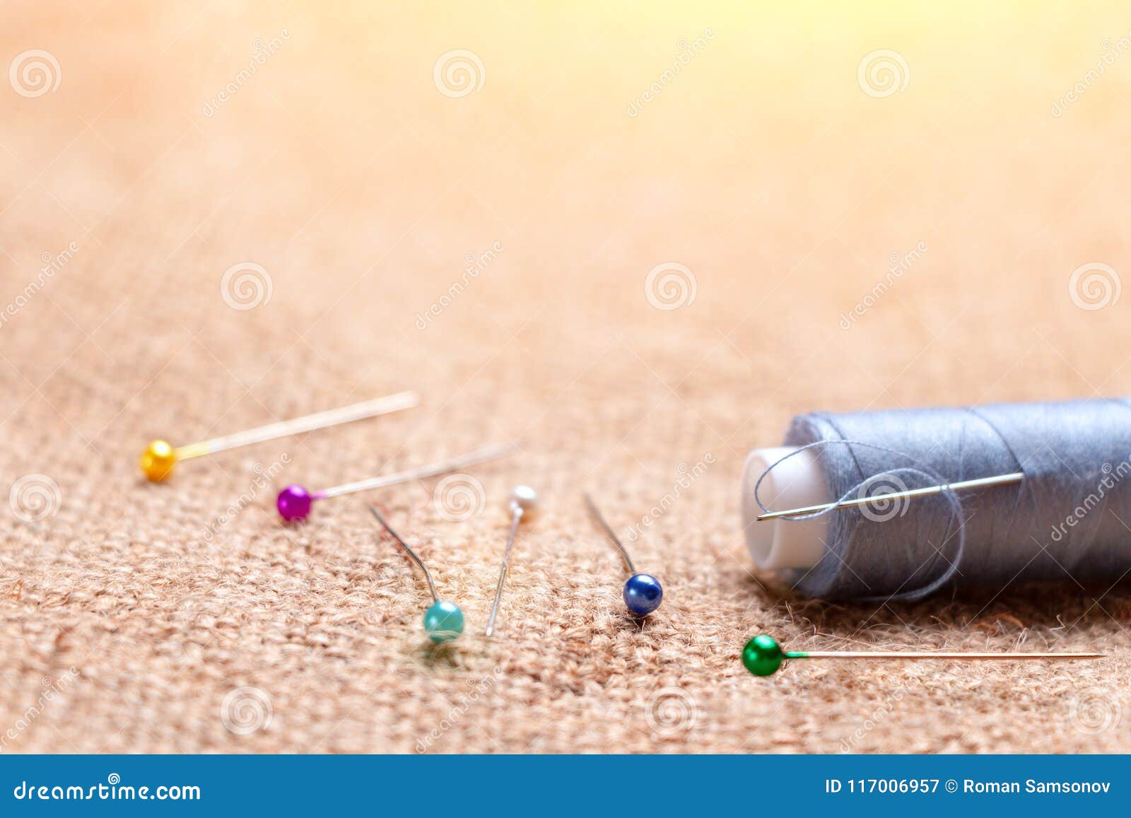 Coil Thread with a Needle Stuck in it Next To the Tailor Pins on Stock ...