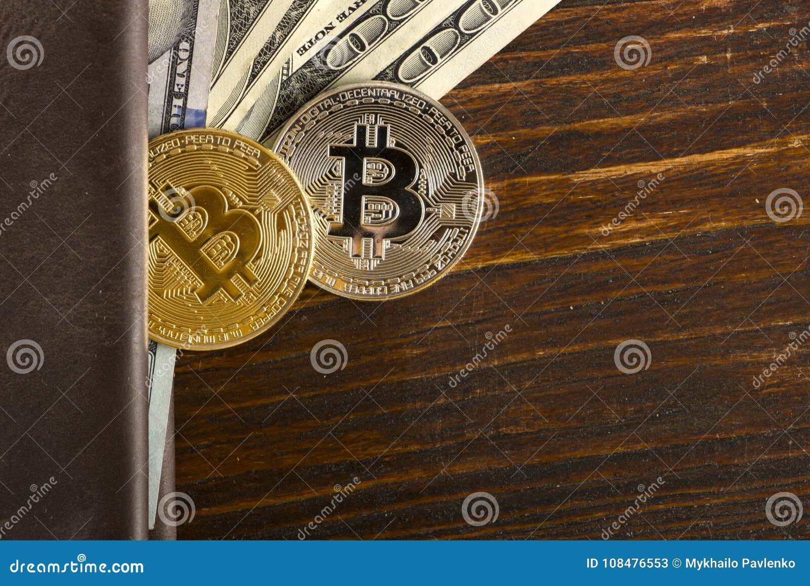 Coin Bitcoin Against A Chaotically Arranged 100 Dollar ...