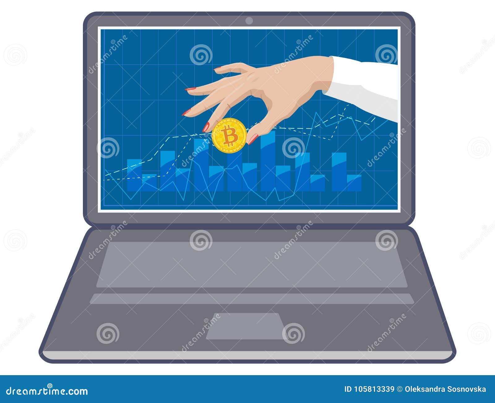 Coin Bitcoin In Hand On Laptop Monitor Currency Exchange Vector - 