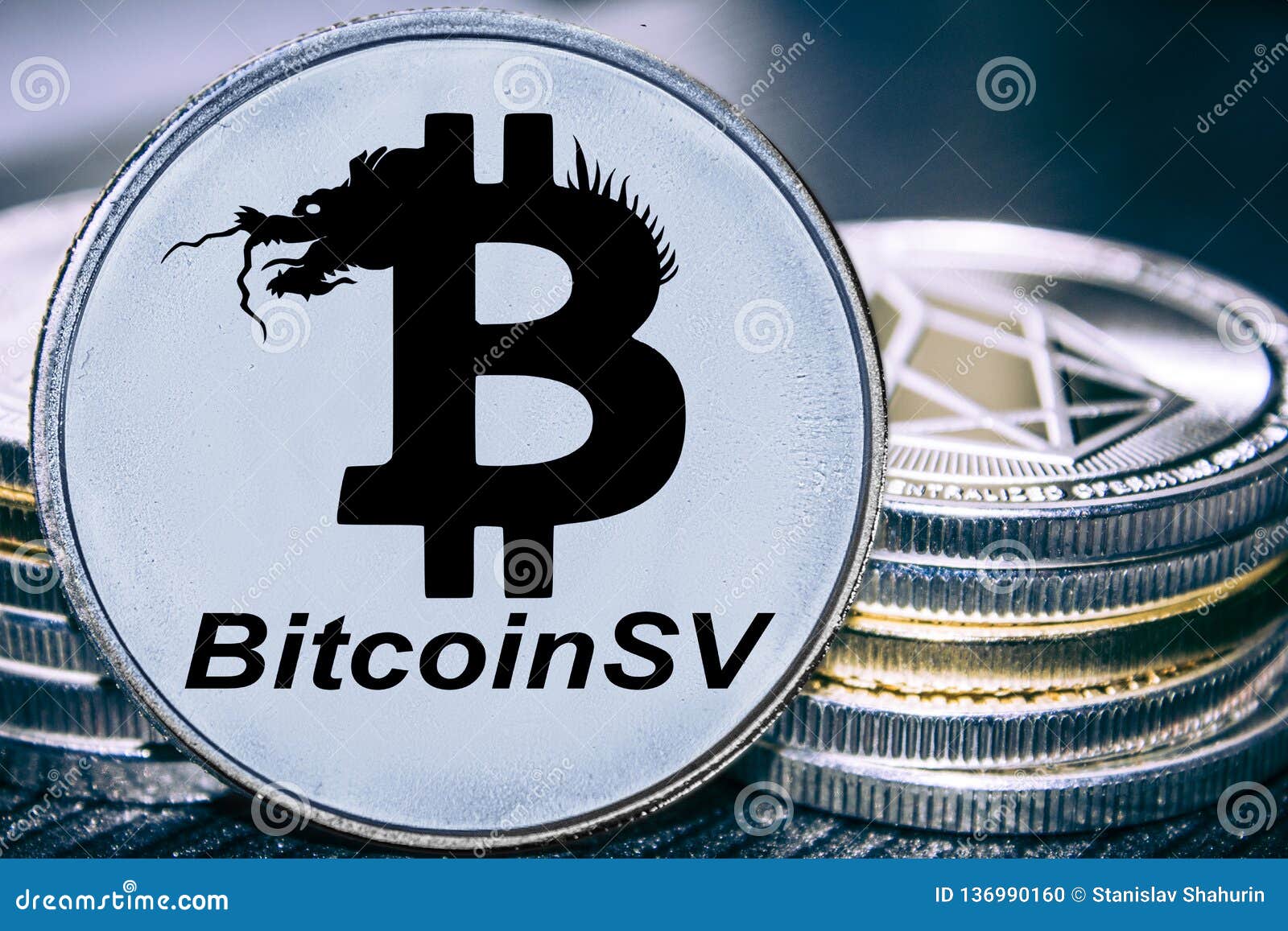 Coin Cryptocurrency Bitcoin SV on the Background of a Stack of Coins.  Satoshi Vision Stock Photo - Image of cryptography, exchange: 136990160