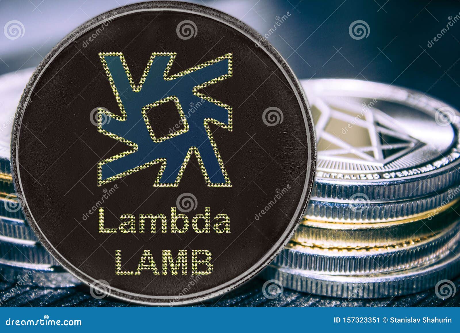 Coin Cryptocurrency LAMB Lambda on the Background of a Stack of Coins.  Stock Image - Image of cryptography, blockchain: 157323351