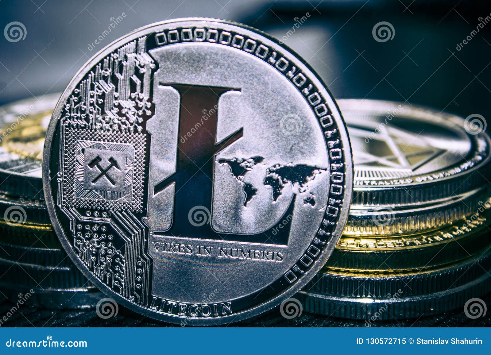 Coin Cryptocurrency LTC On The Background Of A Stack Of ...