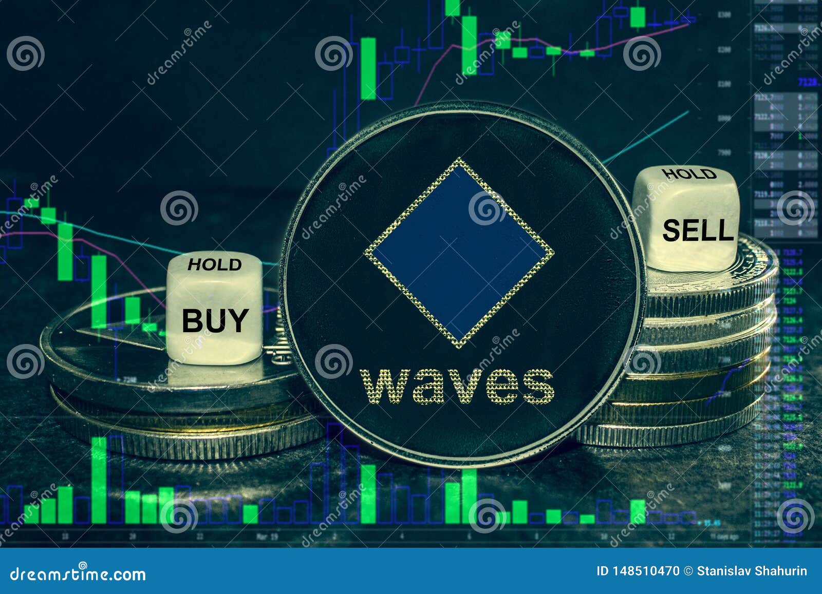 Coin Cryptocurrency Waves Platform Stack Of Coins And Dice ...