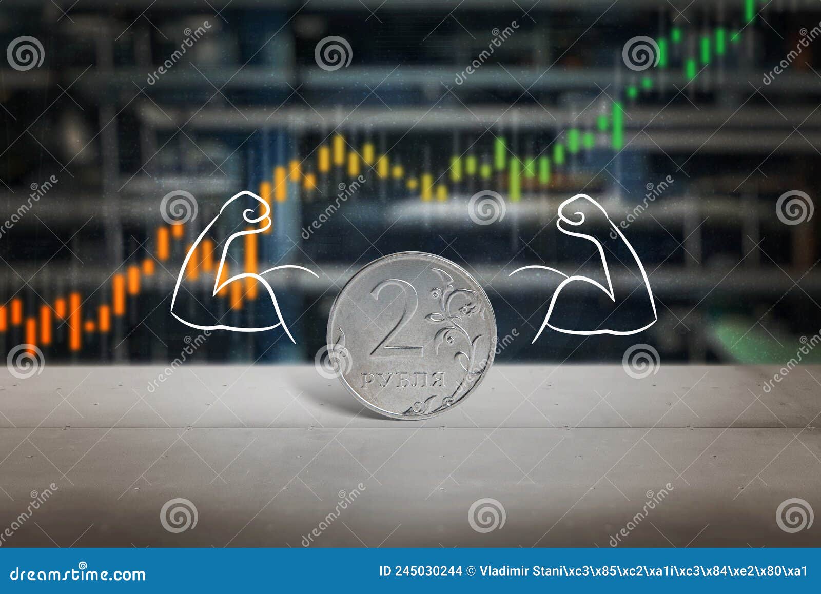coin of russian ruble with hands and muscles concept. strengthening and growth of the value of the russian currency