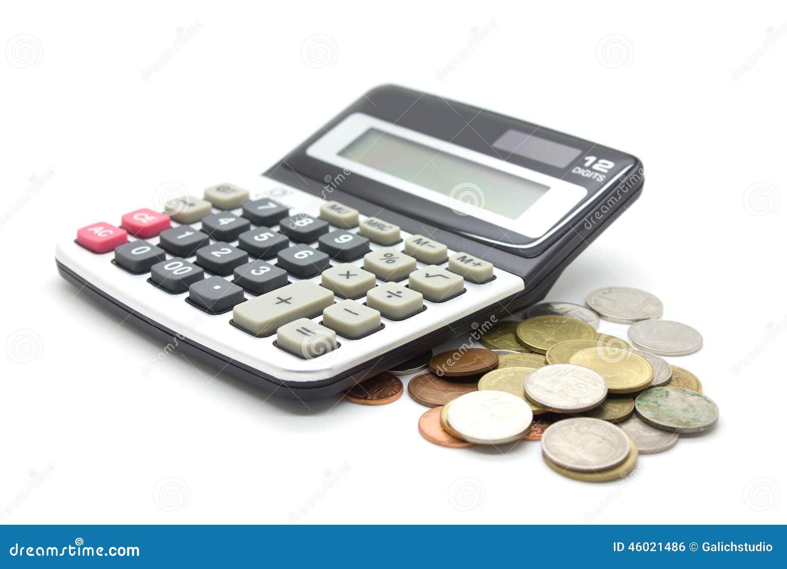 Coins and Calculator on White Background Stock Photo Image of economy, focus 46021486