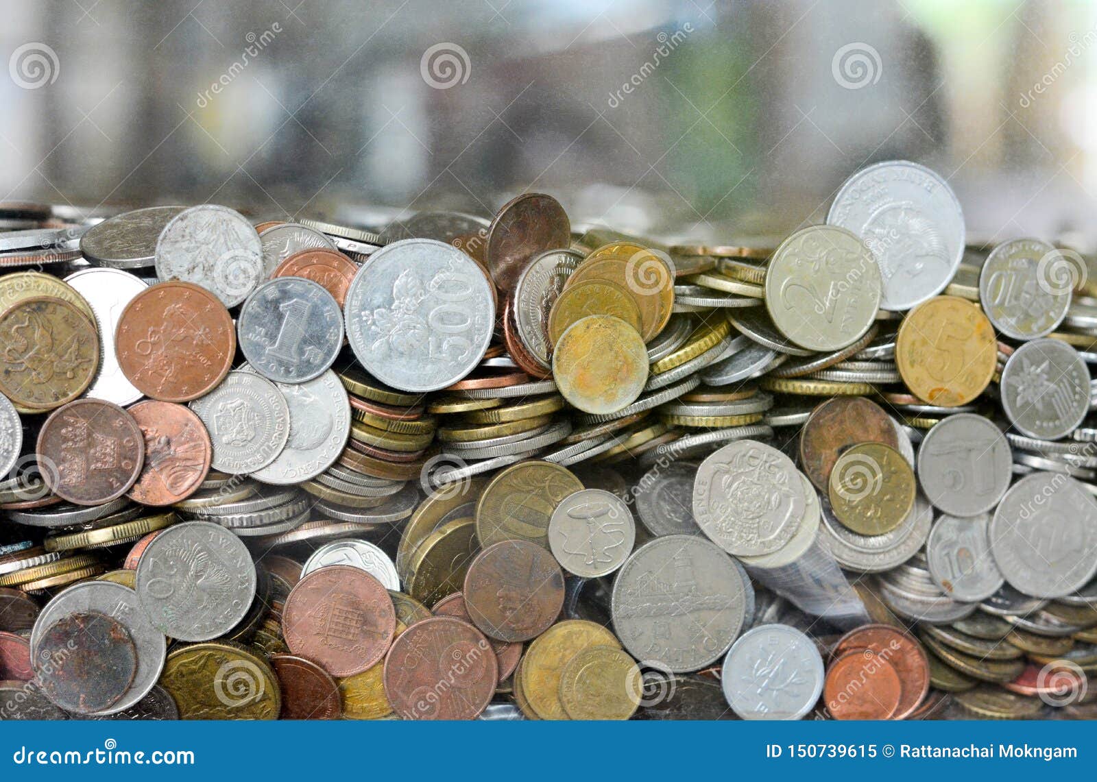 Coins of Different Countries in Transparent Donation Box, Copy Space