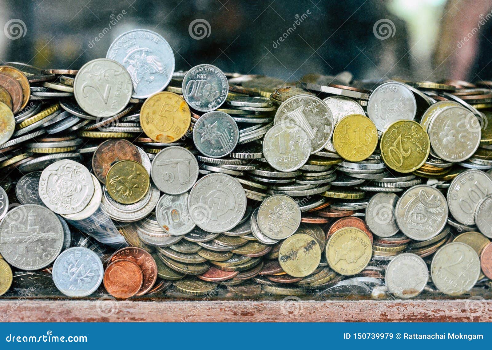 Coins of Different Countries in Transparent Donation Box, Copy Space