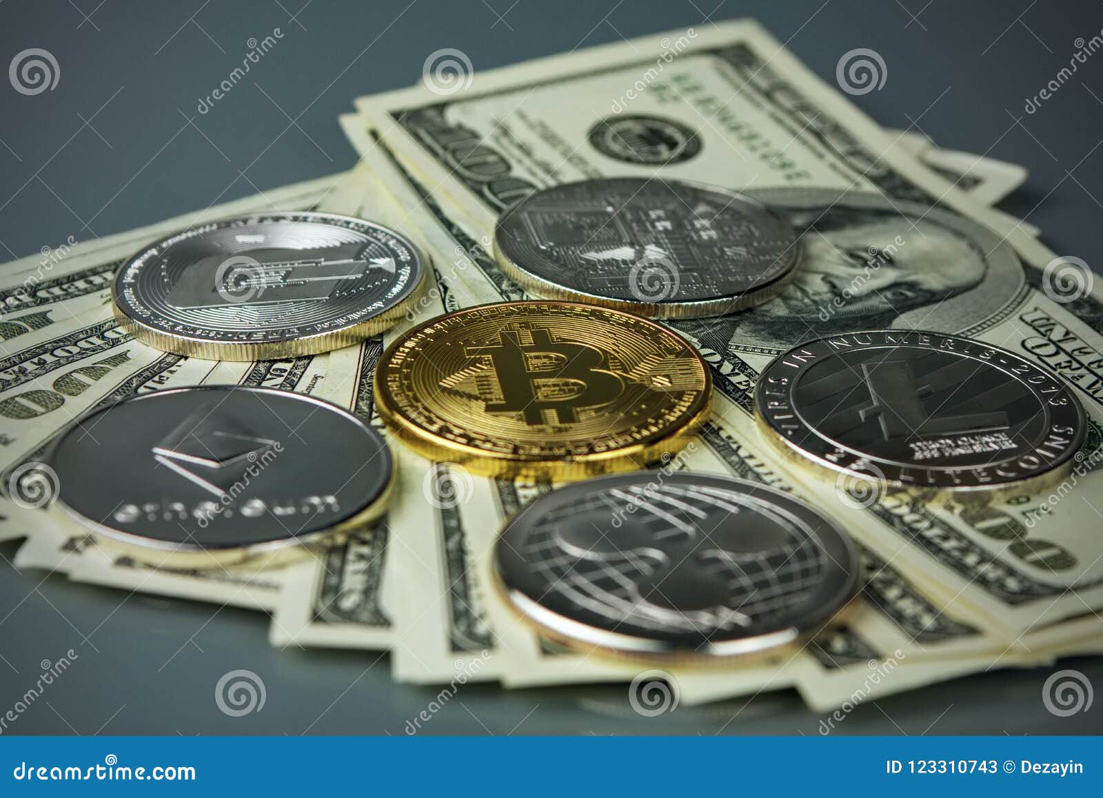 Coins Of Different Crypto-currencies With Dollars. Stock ...