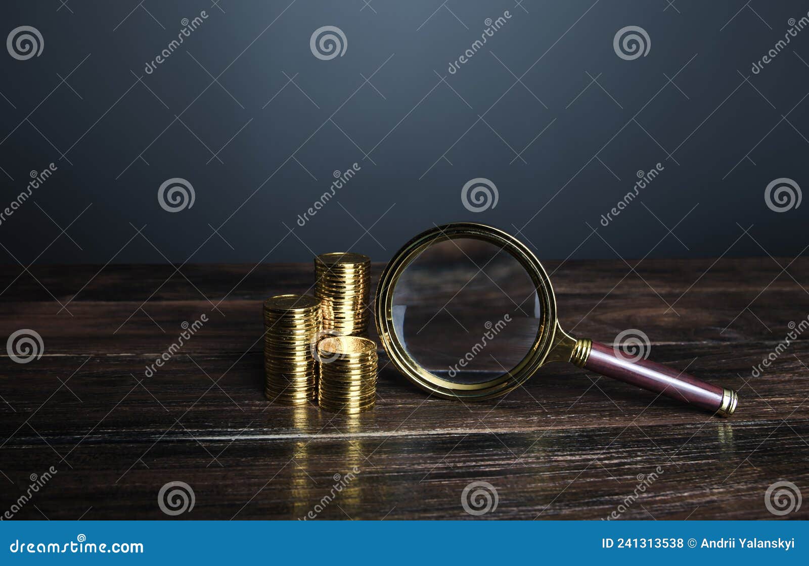 coins and magnifying glass. investigating capital origins. search for investments, fund new business projects. deposit or loan