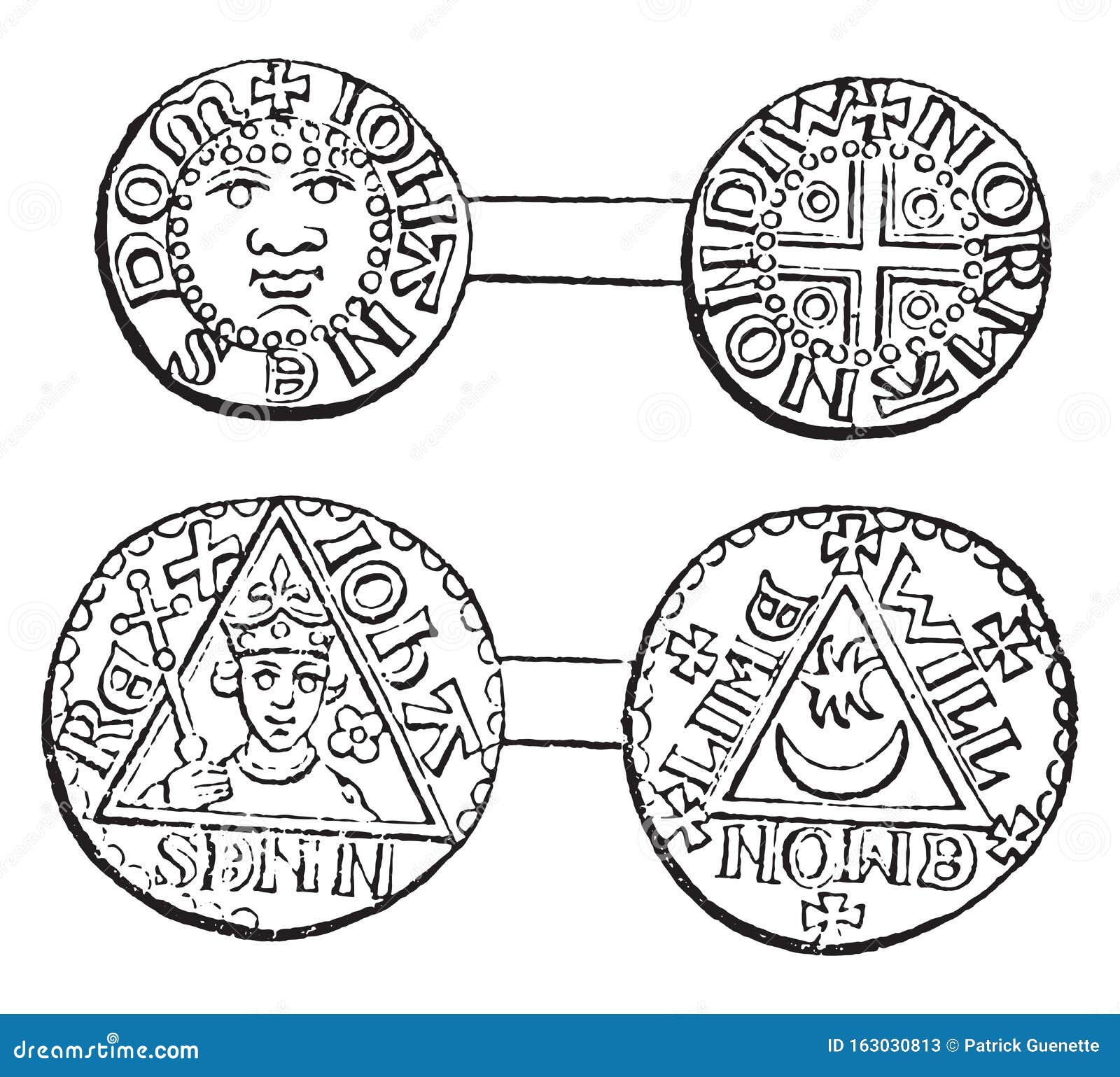 coins minted during the reign of king john, vintage engraving