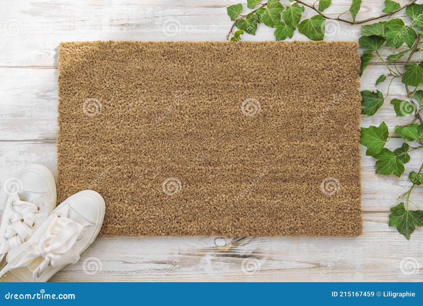coir doormat mockup green plant wooden background