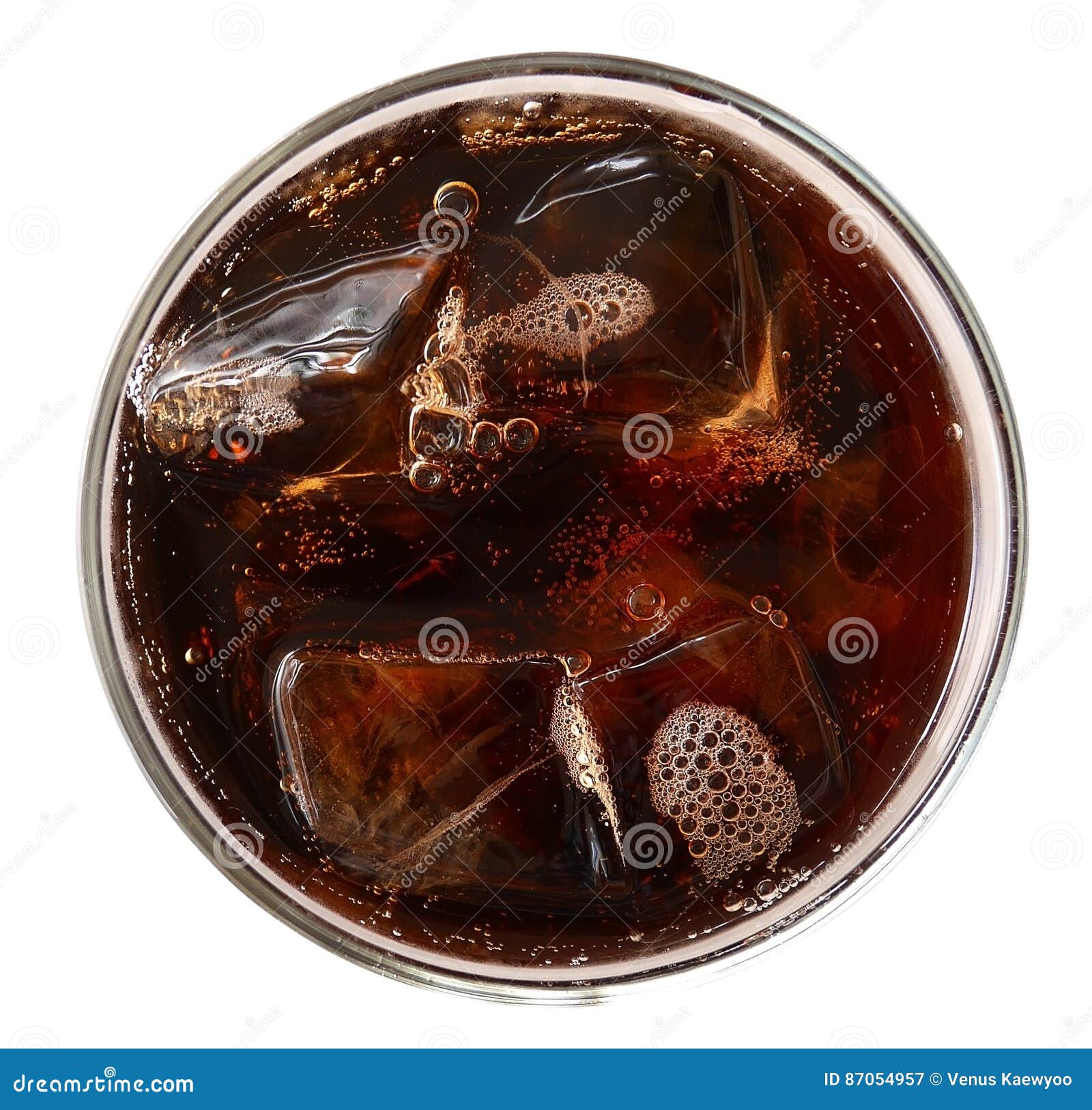 cola with ice cubes in glass top view  on white background, clipping path included