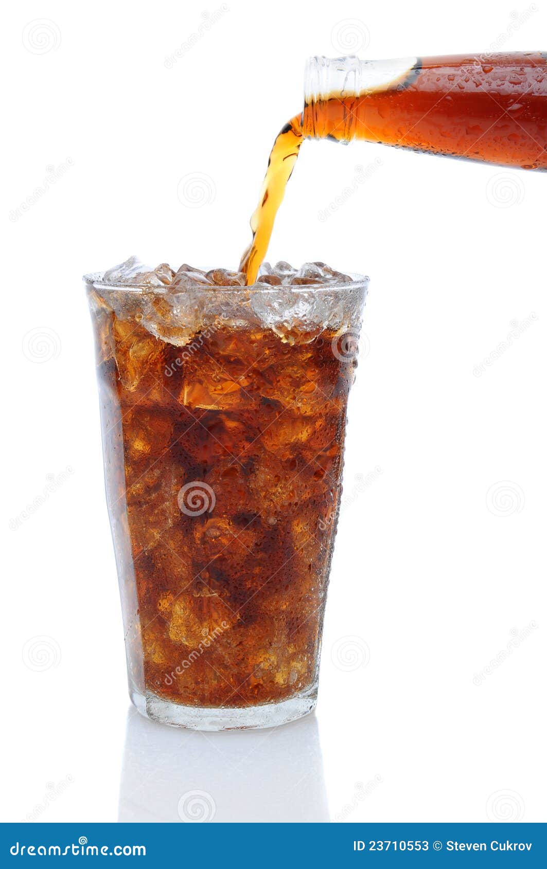 Cola Pouring from Bottle into Glass of Ice Stock Image Image of