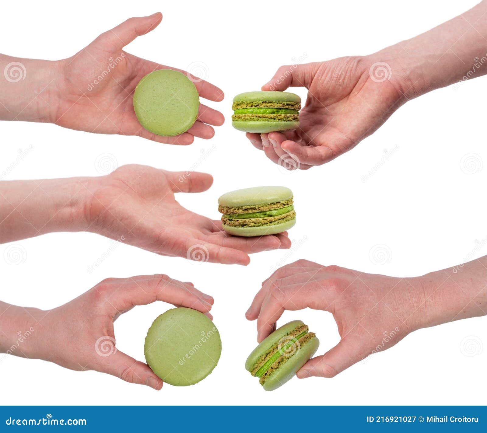 colage of male hands holding sweet macaroons  on white. french dessert