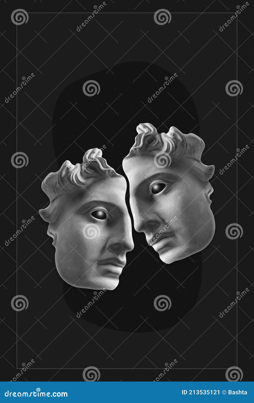 Colagem com escultura de gesso antigo do rosto humano em um estilo pop art.  Imagem de