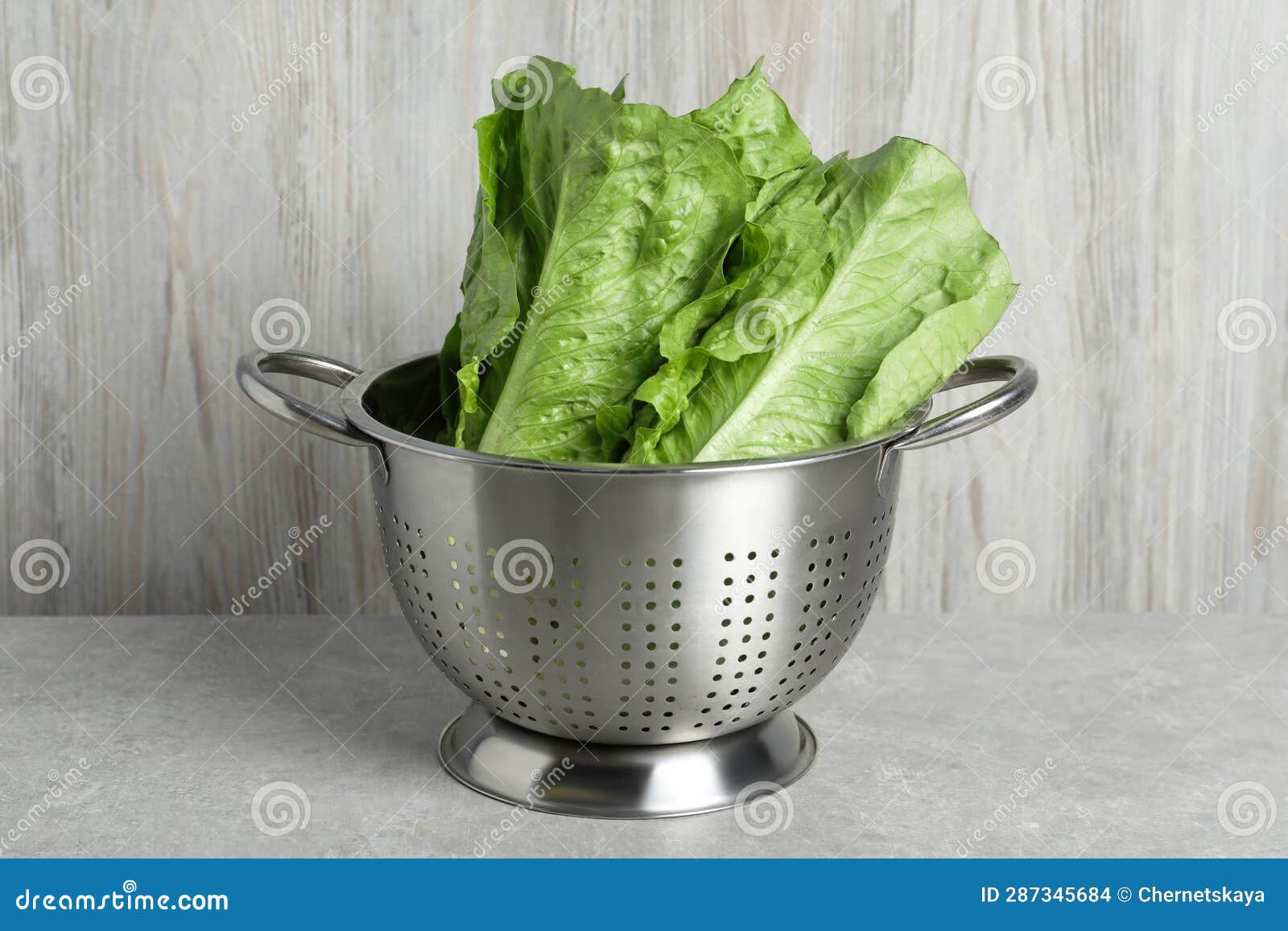 Colander with Fresh Green Romaine Lettuces on Light Grey Table Stock