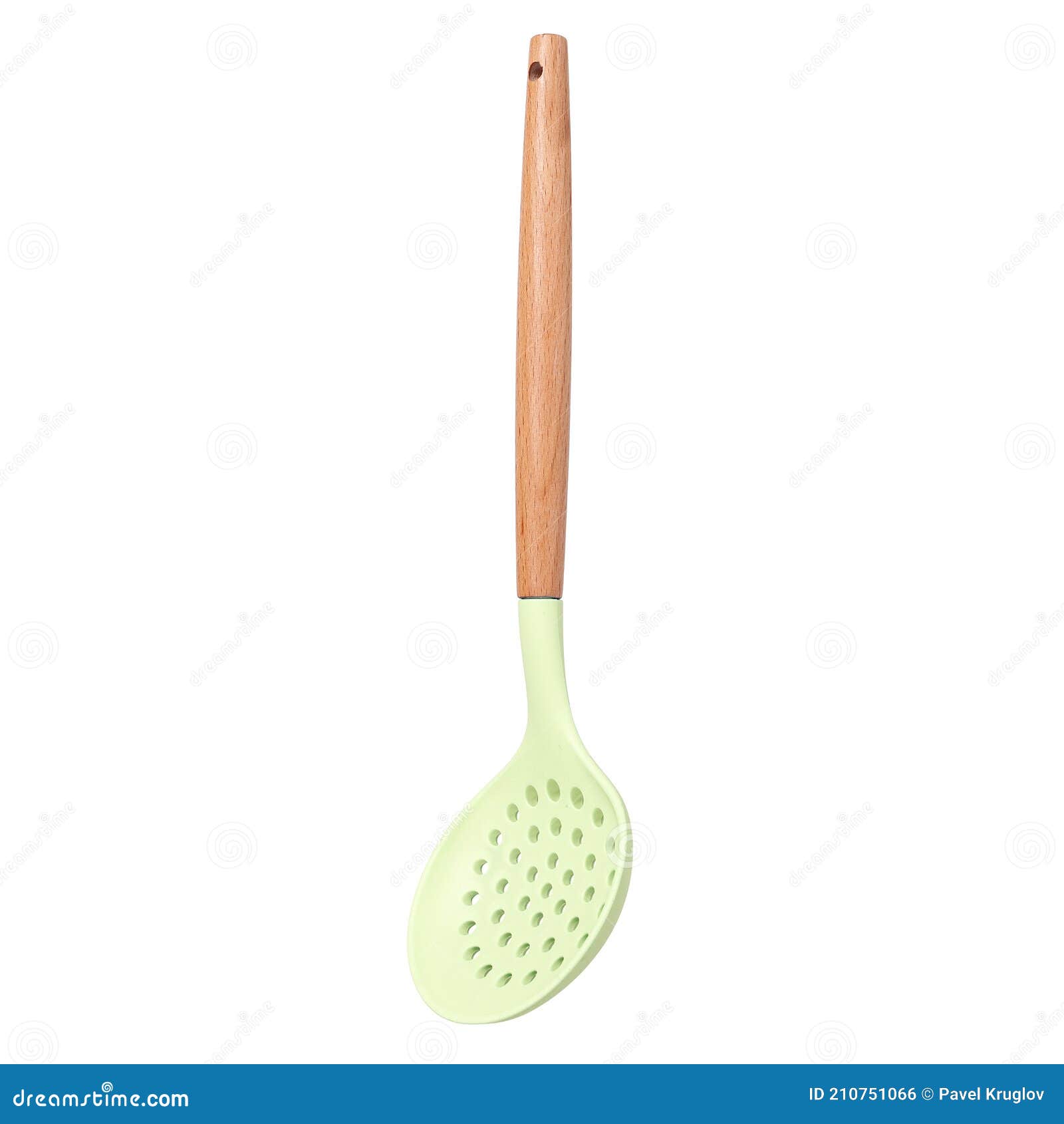 Colander Green Silicone Spoon with Wooden Handle Stock Photo Image of
