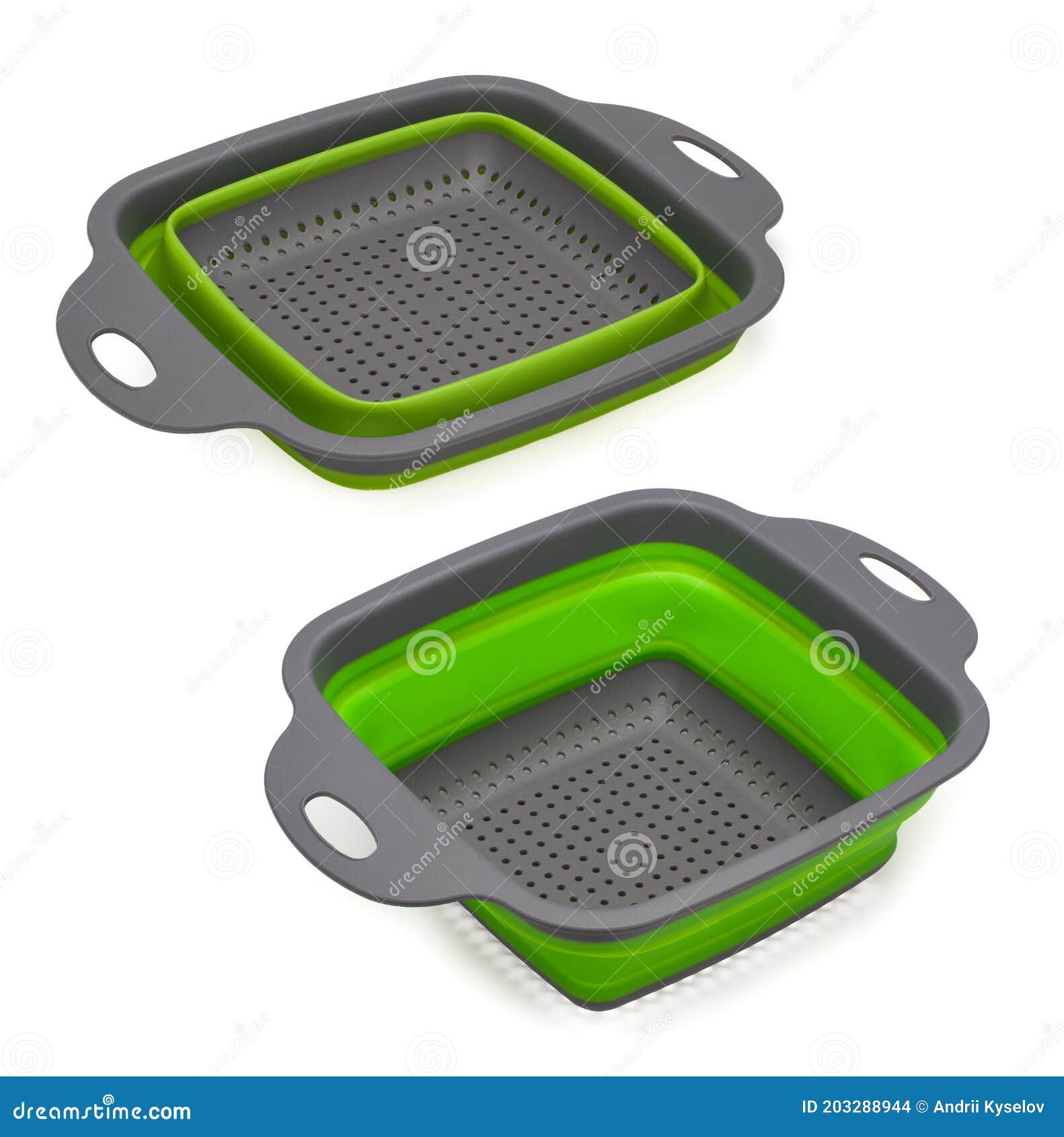 Colander, Plastic Kitchen Utensils on White Background. Stock