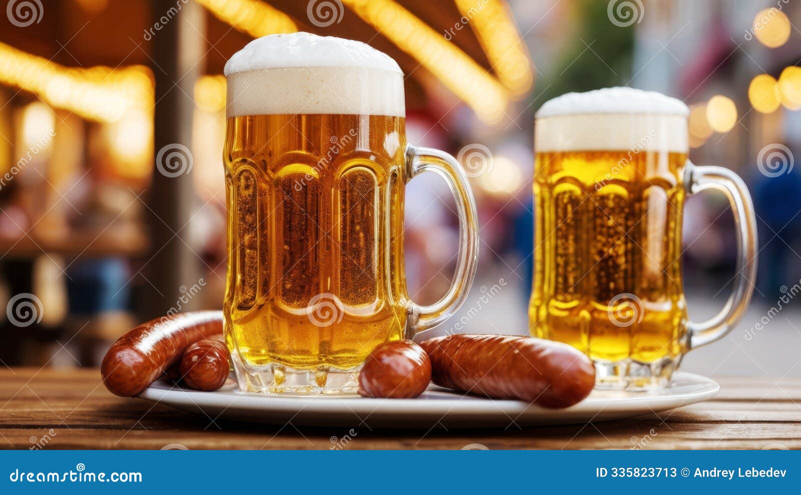 cold beer with delicious grilled sausages on a table in a street cafe at a german beer festival