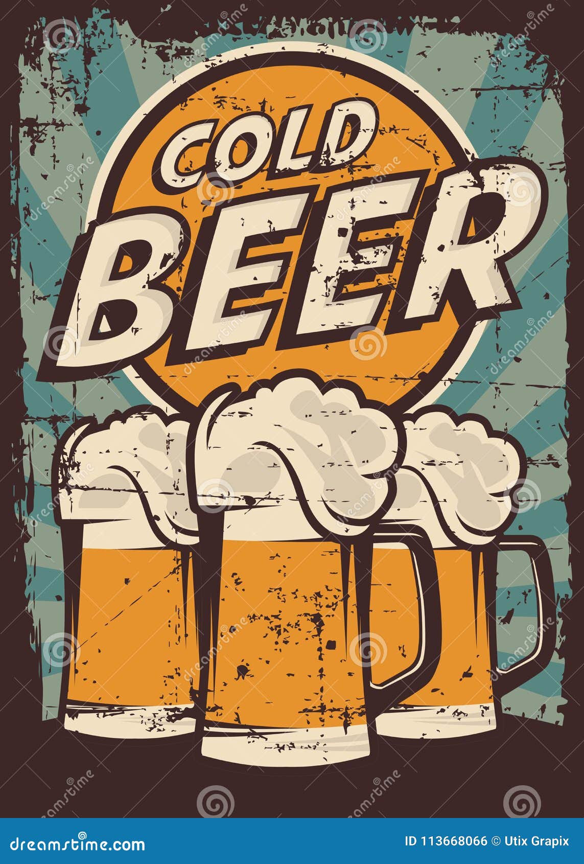 Retro beer poster. Vintage sign advertising cold ale. Pub concept