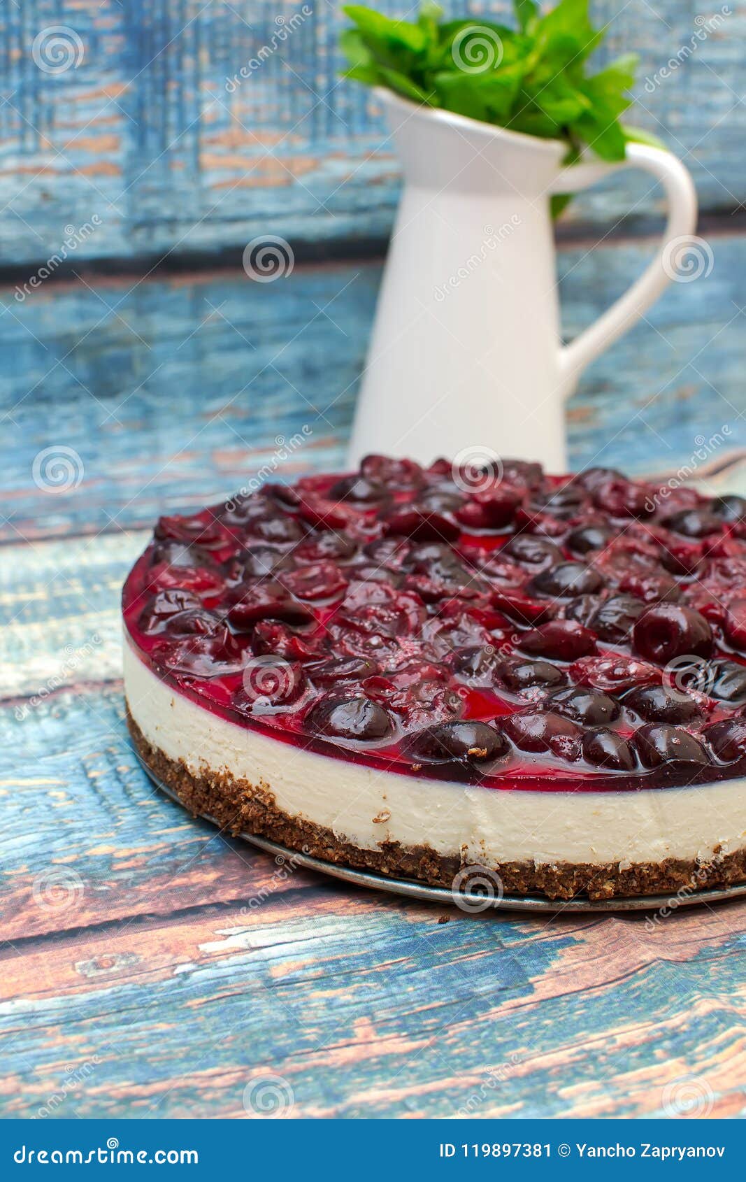 Cold Cheesecake with Cherry Jelly on Table Stock Image Image of