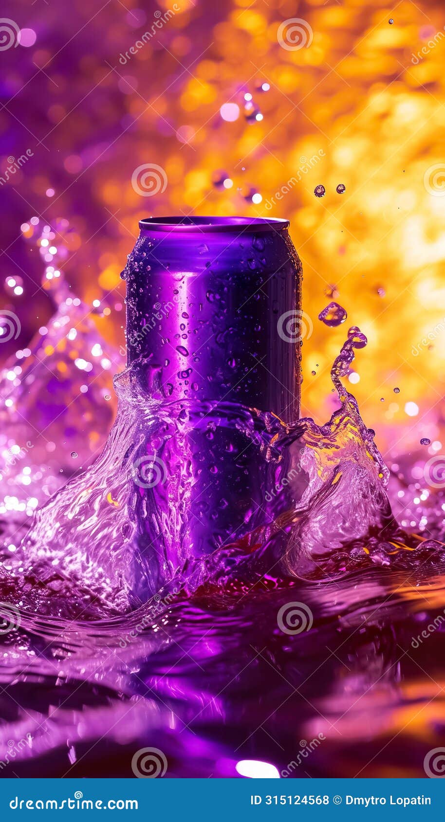 cold colorful metallic soda can in splashing water and with drops of condensate, fresh drink in liquid, advertising mock