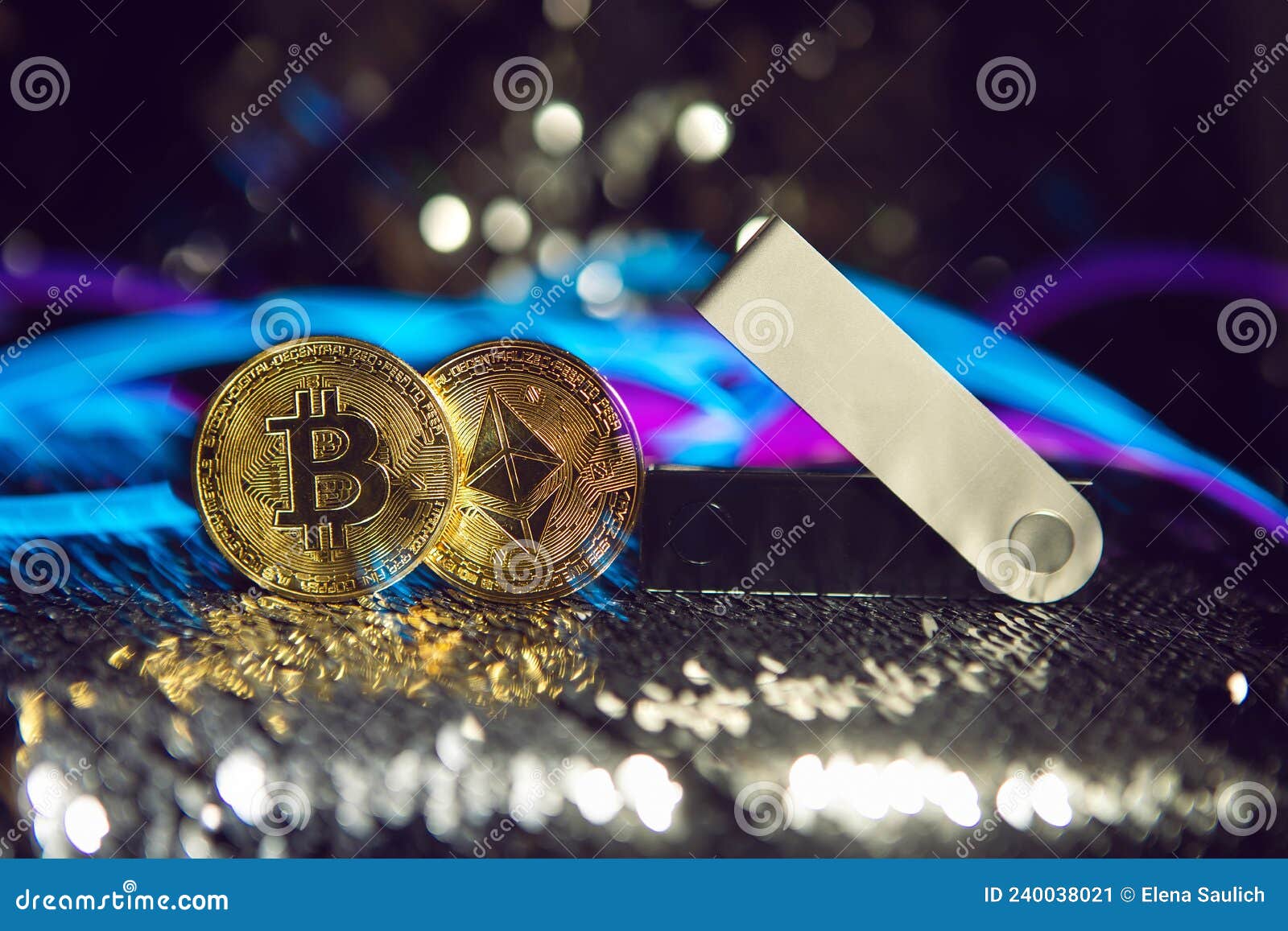 Cold Cryptocurrency Wallet and a Gold Bitcoin Ethereum Coin on Silver Shiny  Background Editorial Photo - Image of gold, earning: 240038021
