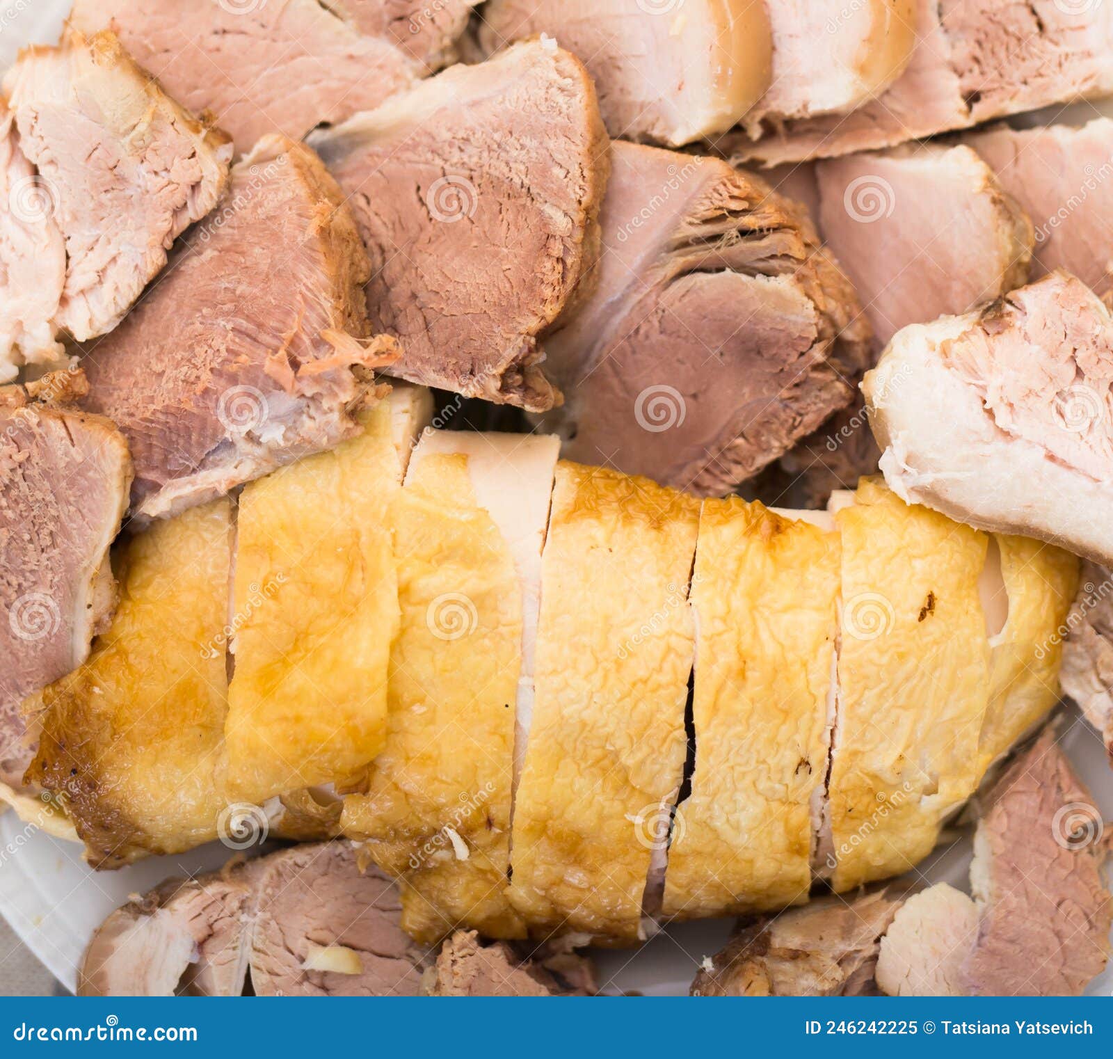 Set of Cold Cuts of Cooked Chicken and Pork Meat on Plate Stock Image