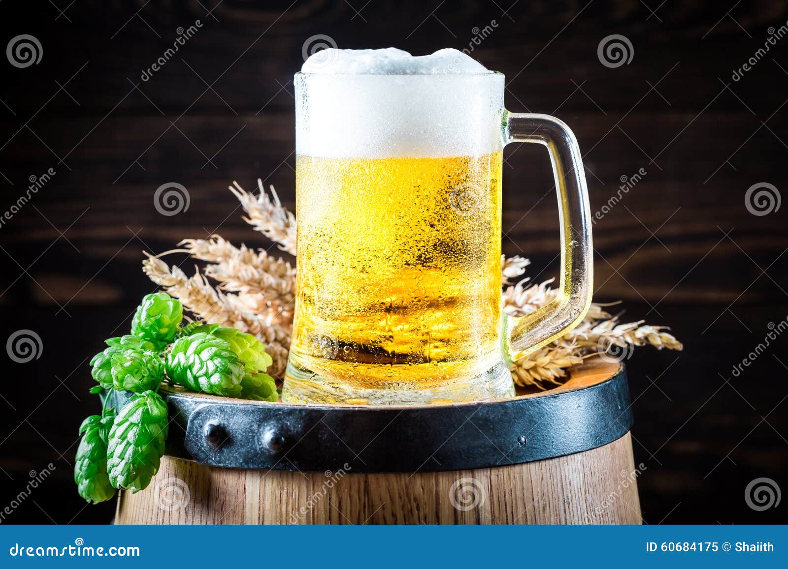 Cold and Fresh Beer with Hops and Wheat Stock Image Image of