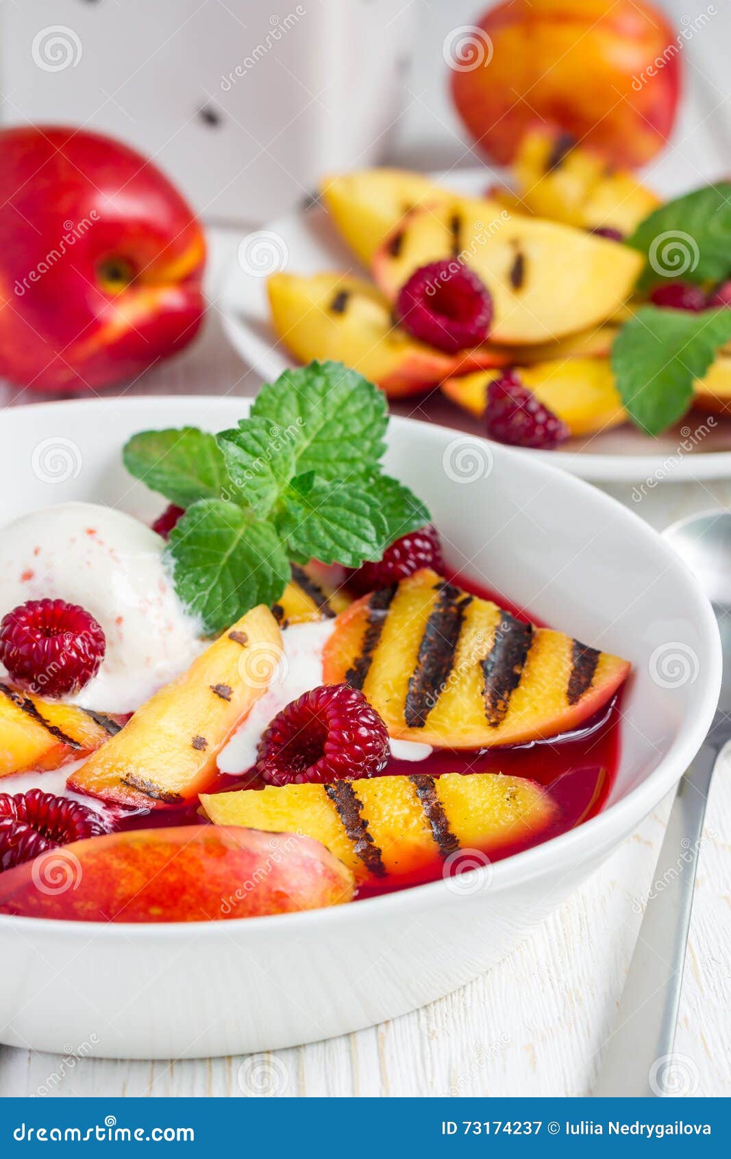 Cold Fruit Soup with Raspberry, Grilled Nectarines, Ice Cream, Vertical