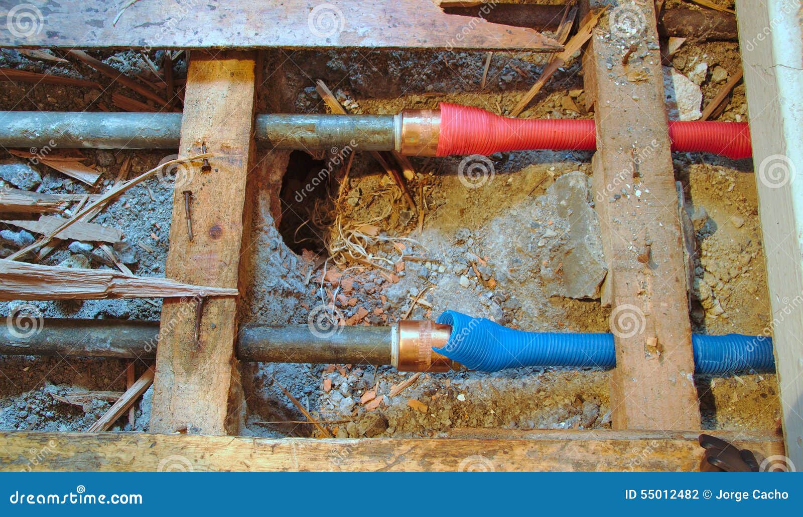 Cold and Hot Water Pipes Under Broken Wood Floor Stock Photo Image of
