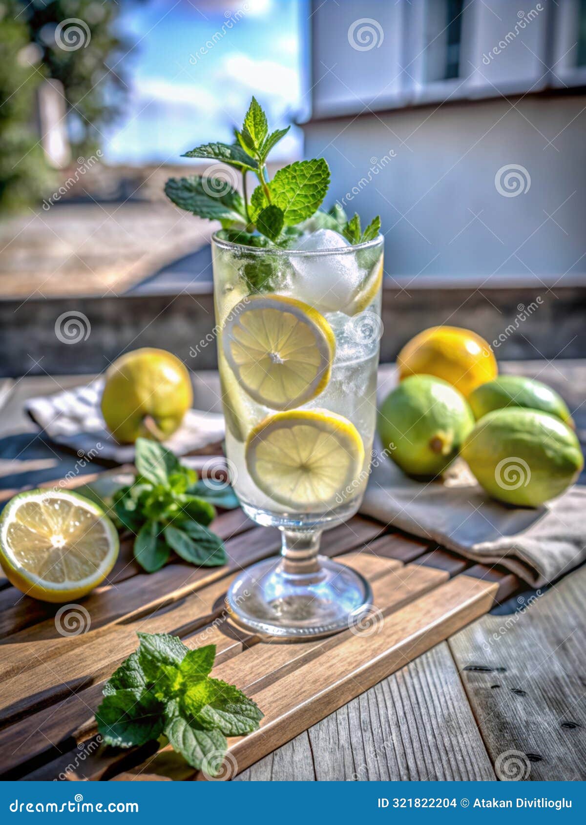 cold lemonade glass on the table, lemon and mint fnd lime scattered on a stand