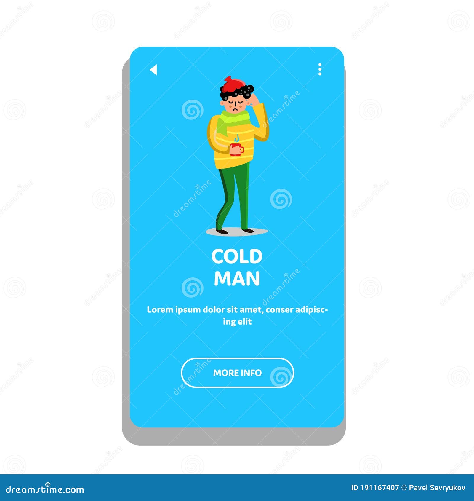 Cold Man With High Temperature And Headache Vector. Cold Man With Warmer On Head And Scarf Holding Cup With Hot Drink. Character Ill Disease And Treatment Web Flat Cartoon Illustration