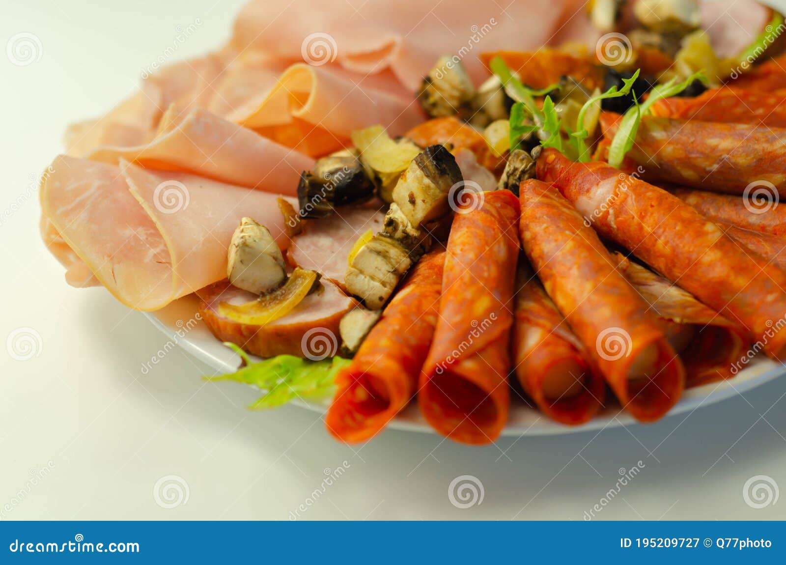 A Cold Plate Prepared for the Party with Sliced Chorizo, Ham and Sausages Stock Image Image of