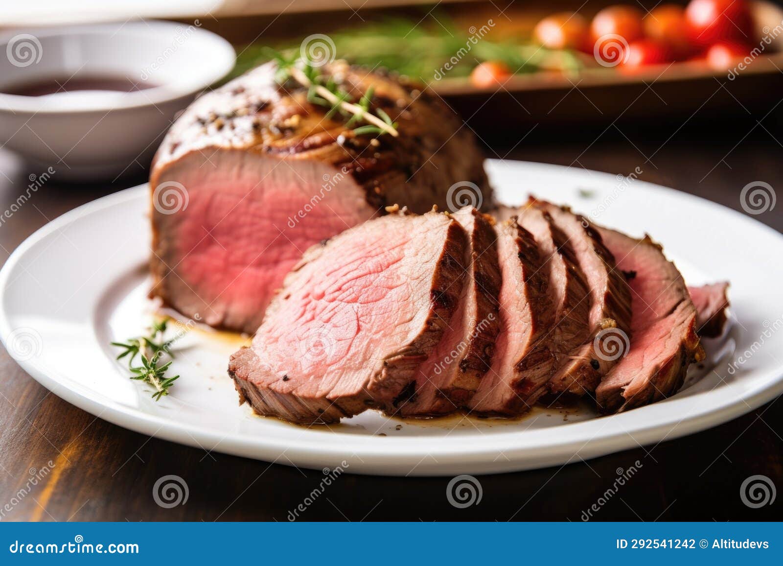 Cold Roast Beef Sliced and Placed on a Plain White Plate Stock Photo