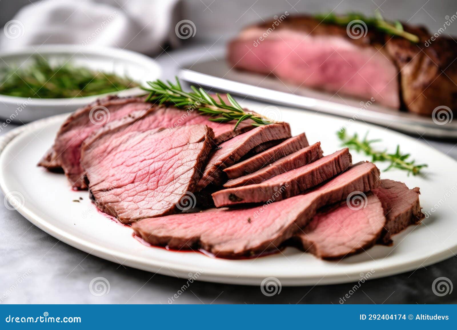 Cold Roast Beef Sliced and Placed on a Plain White Plate Stock Photo