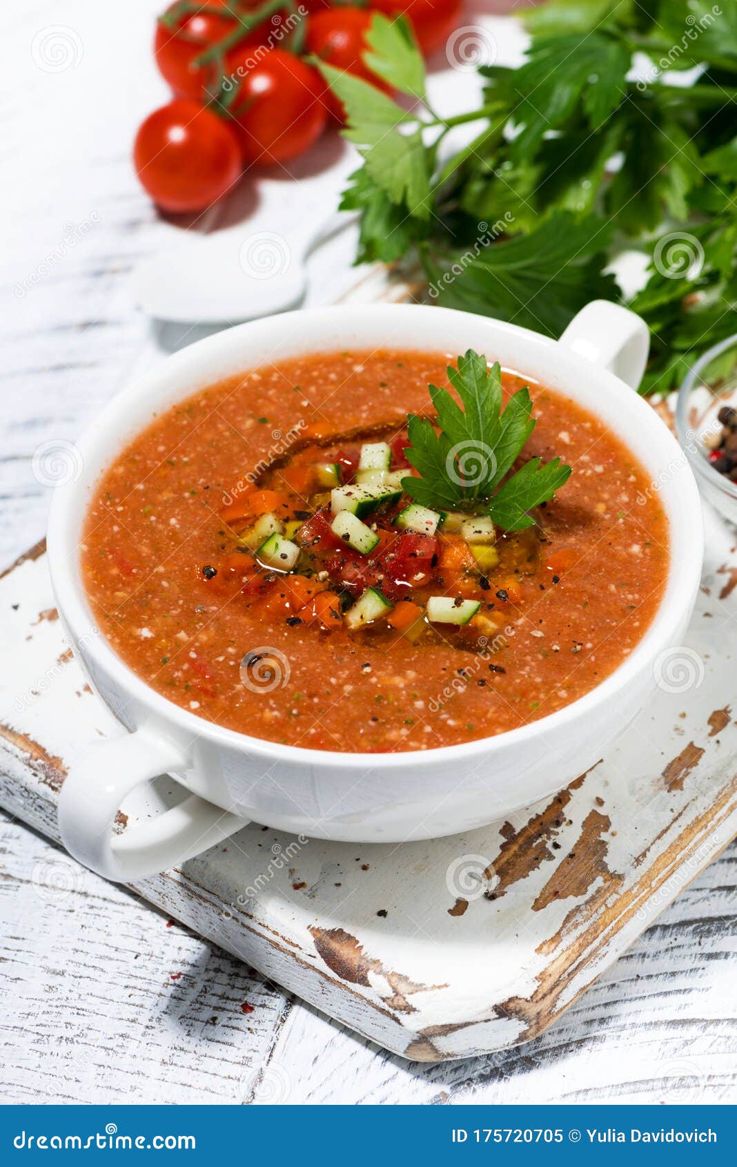 Cold Tomato Soup in a Bowl, Vertical Stock Image - Image of snack ...