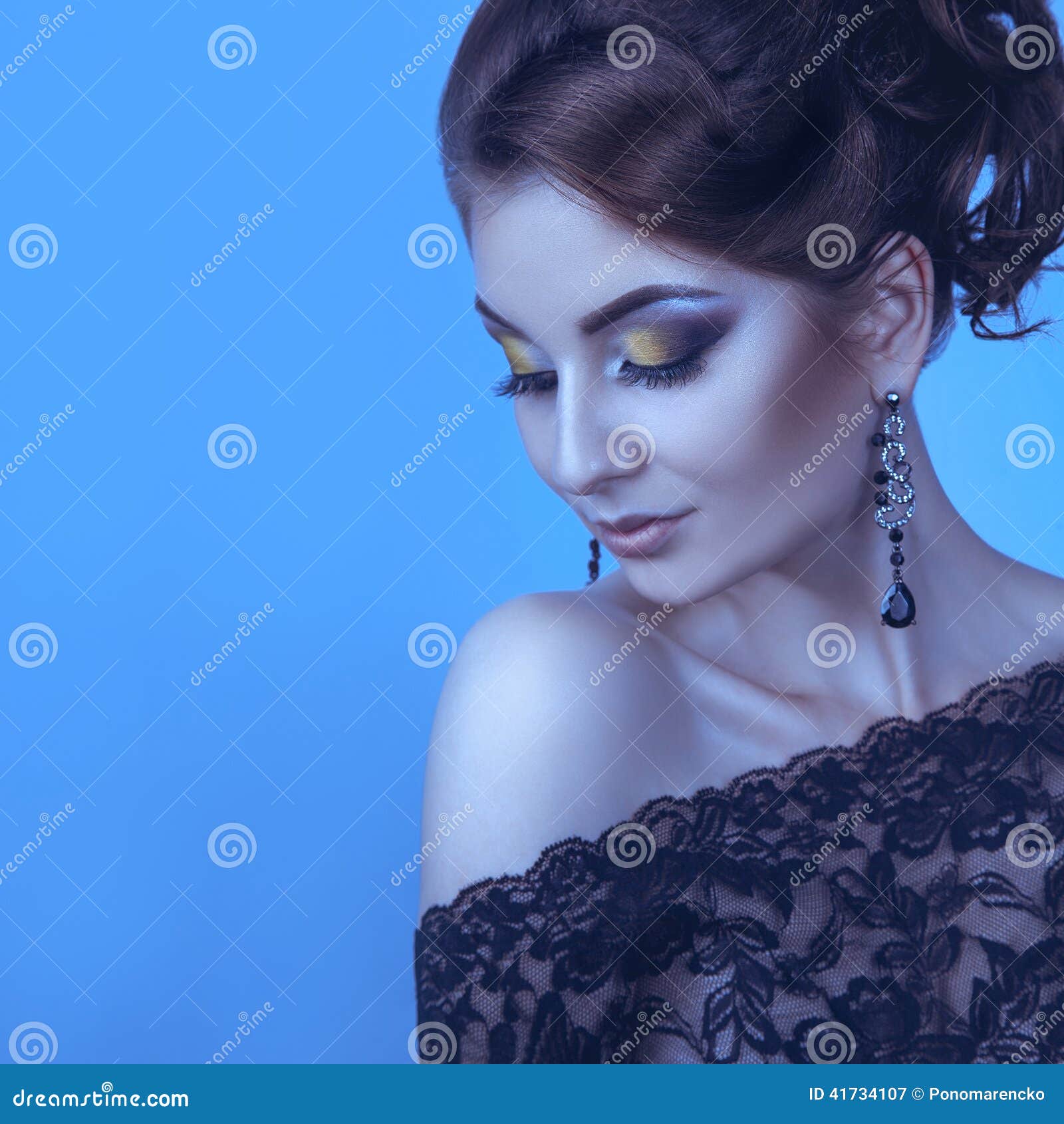 Cold tones portrait of beauty woman with wreath on head and cute