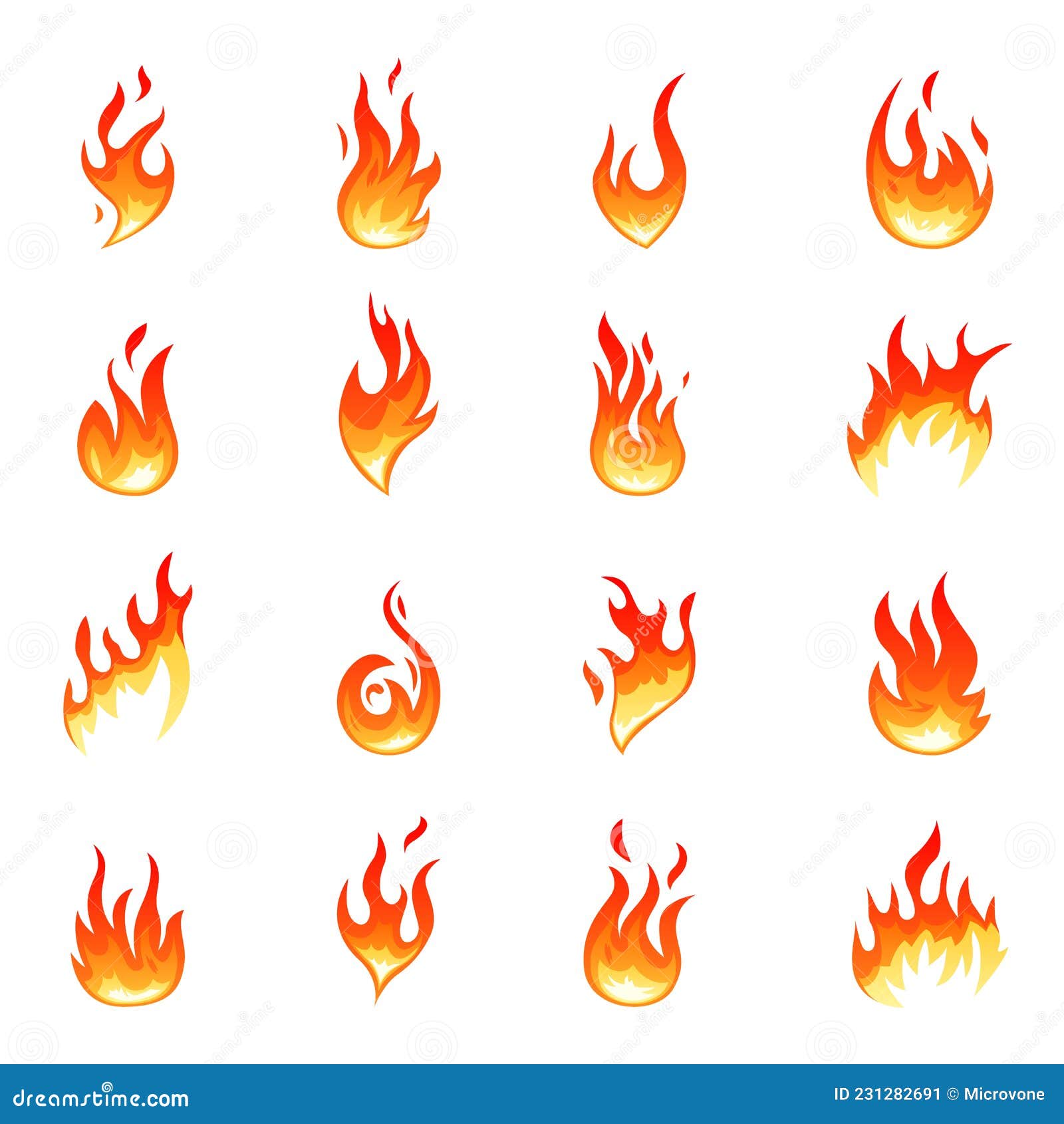 Ícones vetoriais de chamas de fogo em estilo de desenho animado em um fundo  branco chamas de formas diferentes bola de fogo definir símbolos de chamas  ilustração vetorial