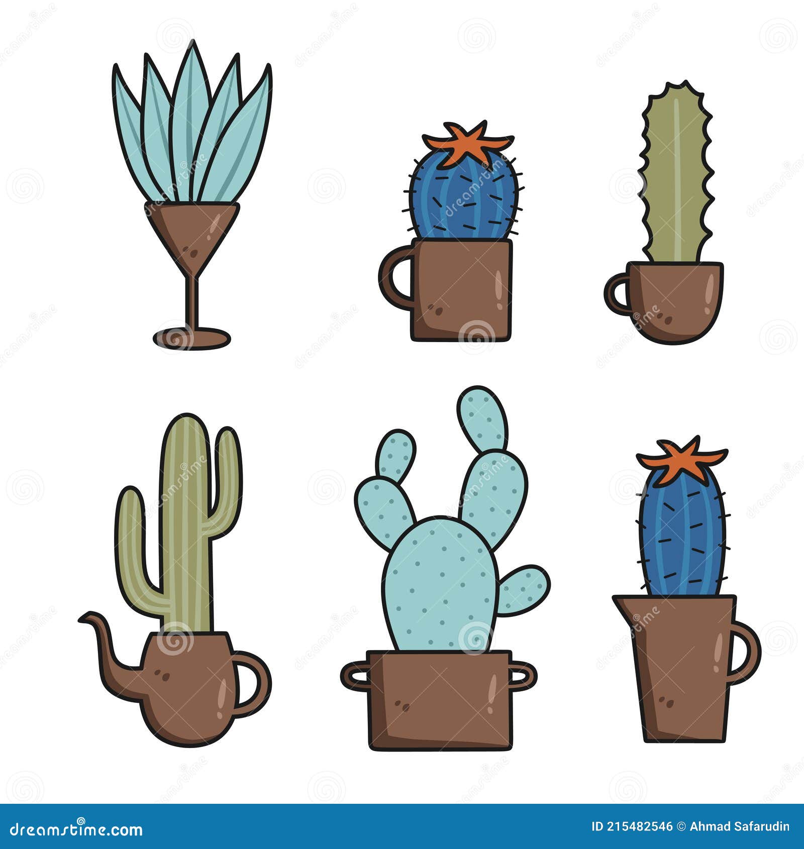 Conjunto de cactos em estilo simples de desenho animado isolado no