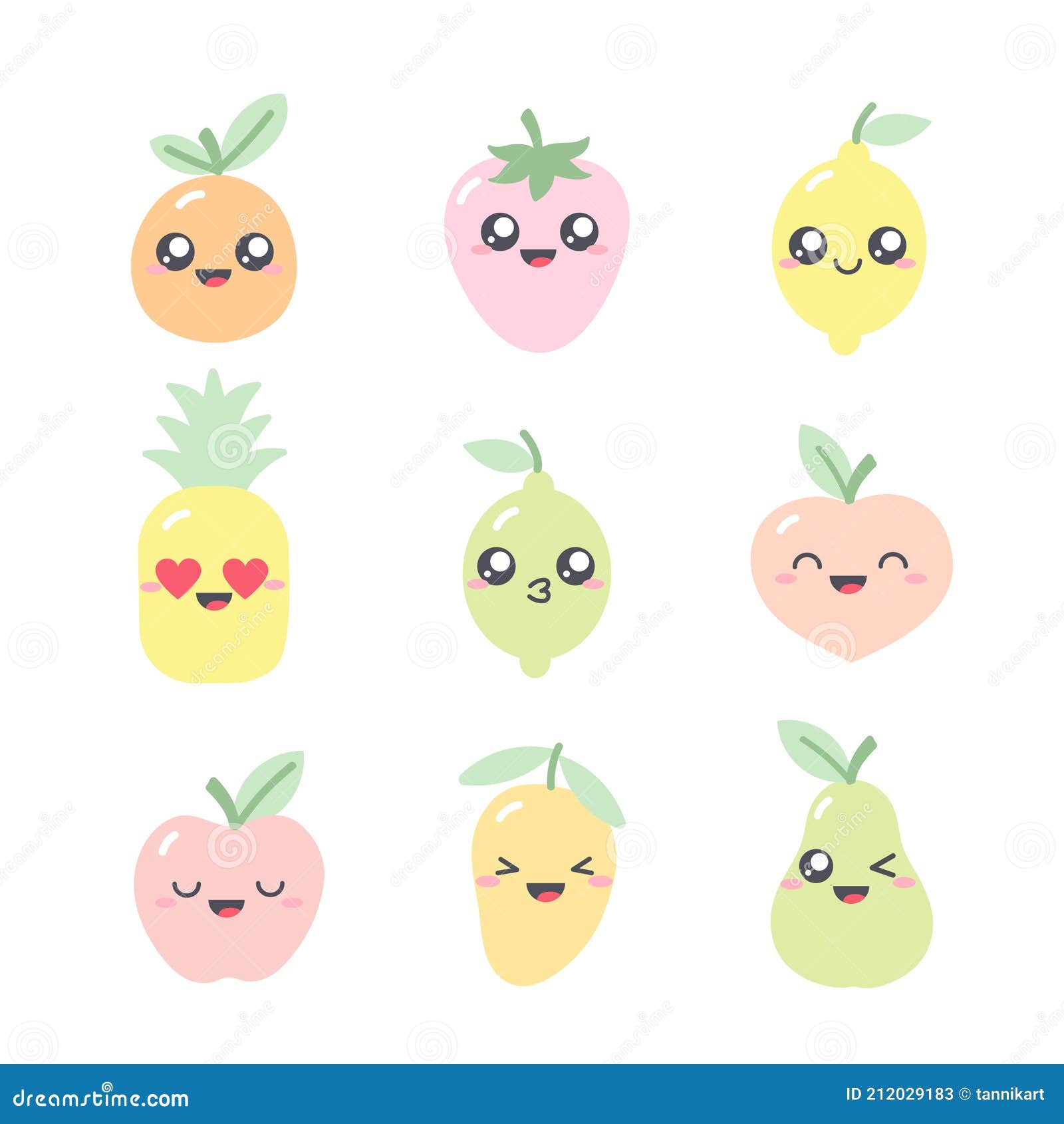 Um conjunto de ilustrações de frutas kawaii fofas desenho infantil